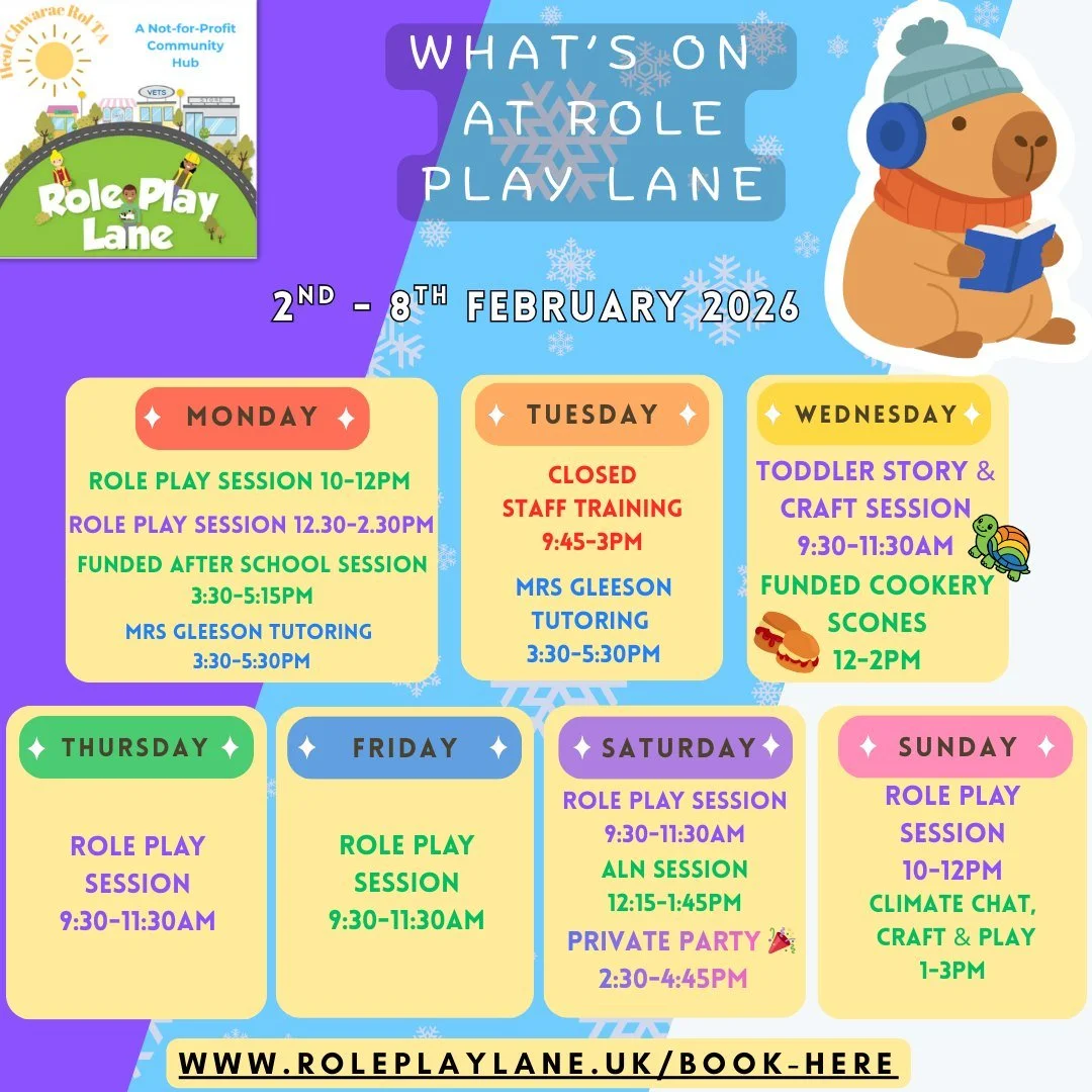 📅What&rsquo;s on at Role Play Lane | 2&ndash;8 Feb

A lovely mix of role play sessions, funded activities, toddler fun, ALN sessions and community events this week 💛

From after school fishy fun to story &amp; craft and cookery, ALN session to a cl