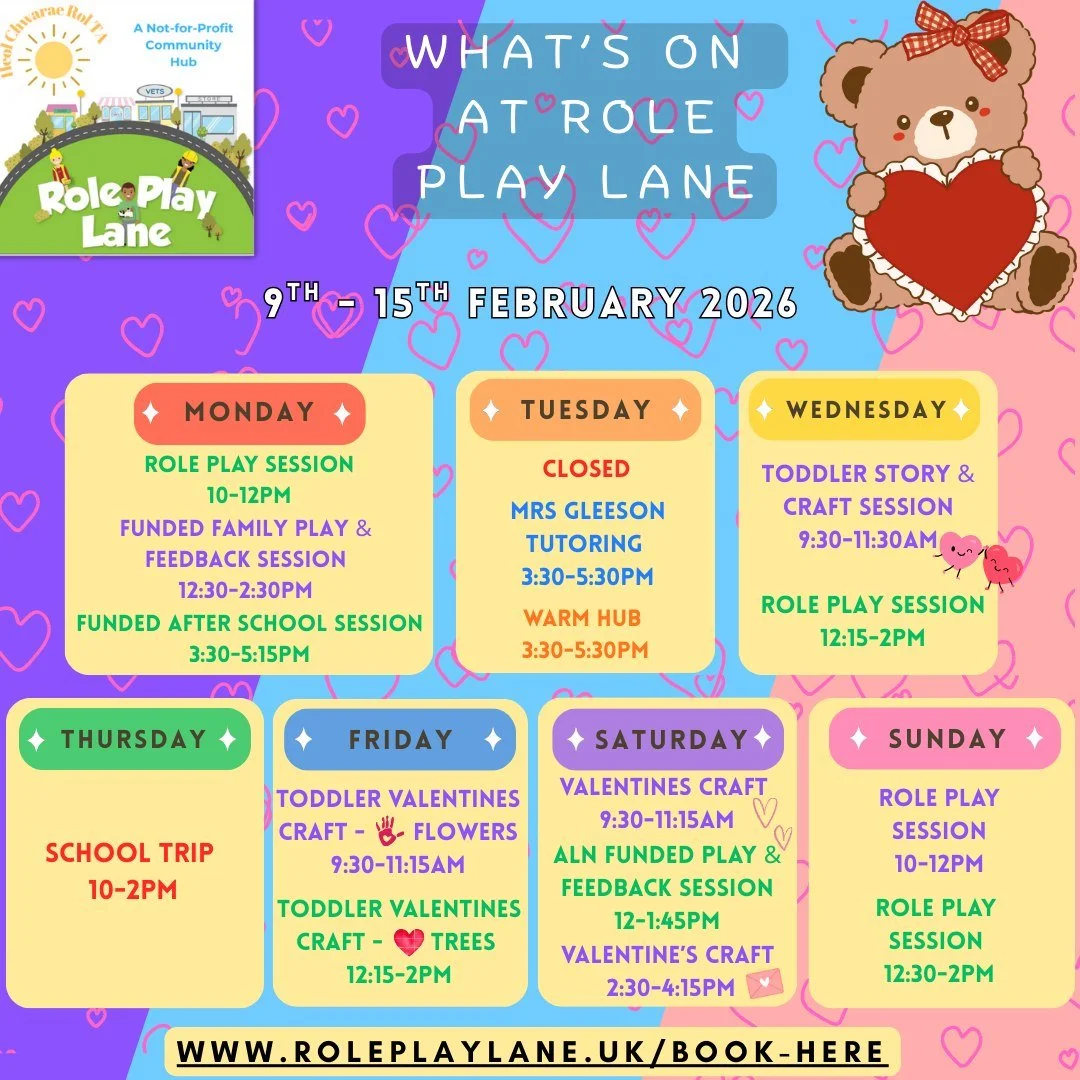 This week at Role Play Lane - 9th -15th Feb

It's all about play, creativity and a sprinkle of Valentine joy 💕

We&rsquo;ve got a lovely mix of sessions for little ones and families in our welcoming space to play, chat, create and connect. With some