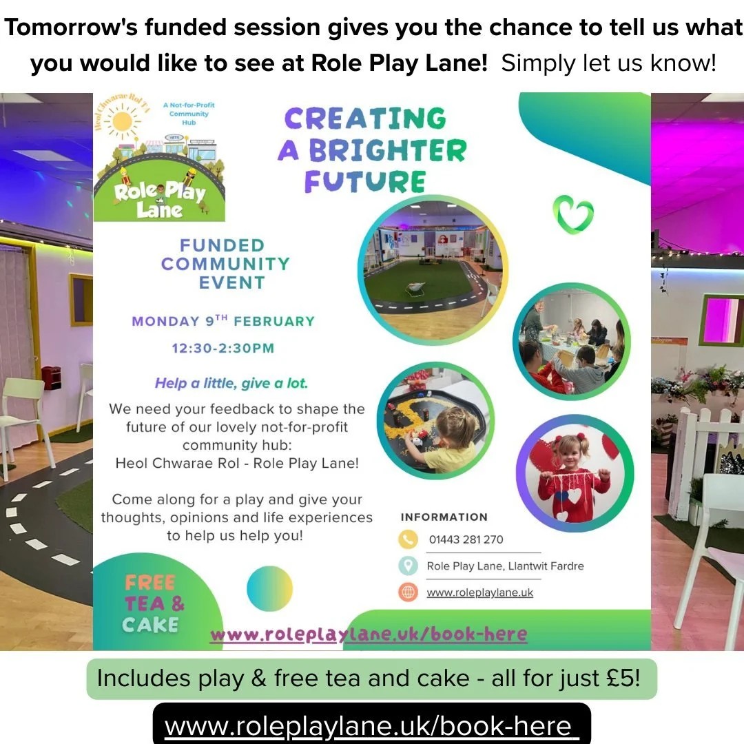 Help shape what&rsquo;s next at Role Play Lane 💬

Join us tomorrow for play, a cuppa, cake and a relaxed chat while we listen to your ideas and experiences.

🗓 Mon 9 Feb | 12:30-2:30pm
📍 Role Play Lane, Llantwit Fardre
🎟 &pound;5 includes play, t