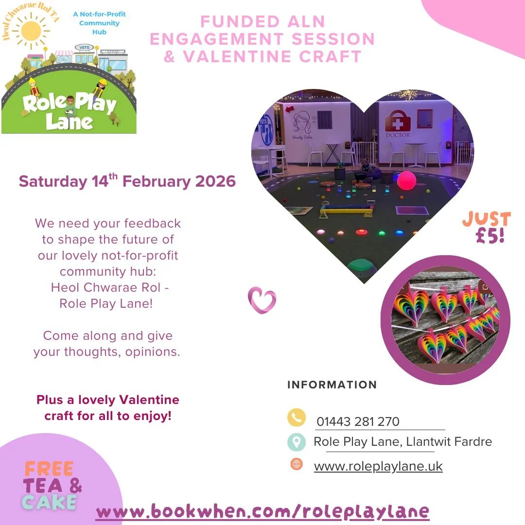 💷Funded ALN Engagement Session &amp; Valentine Craft💞

Parent's, carers and families of children and young people with ALN are invited to join our relaxed community session, including a fun valentine's craft for all to enjoy ☺️

All this for just &