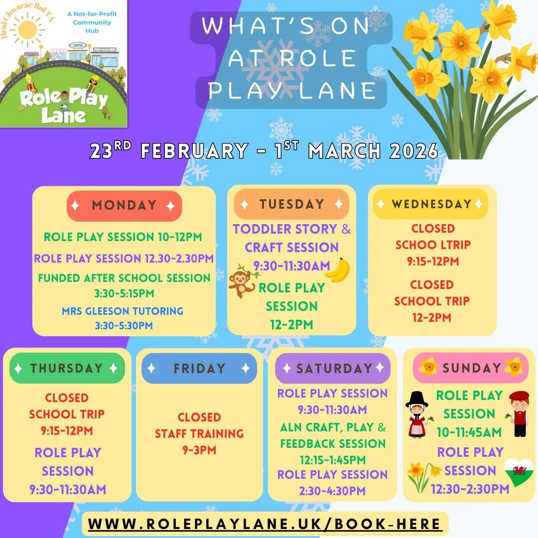 A week full of play, learning and connection at Role Play Lane 🥰

From toddler story &amp; craft to funded after-school sessions, ALN craft play, and our much-loved role play sessions&hellip; it&rsquo;s another busy week at the hub 💛

Spaces fill q