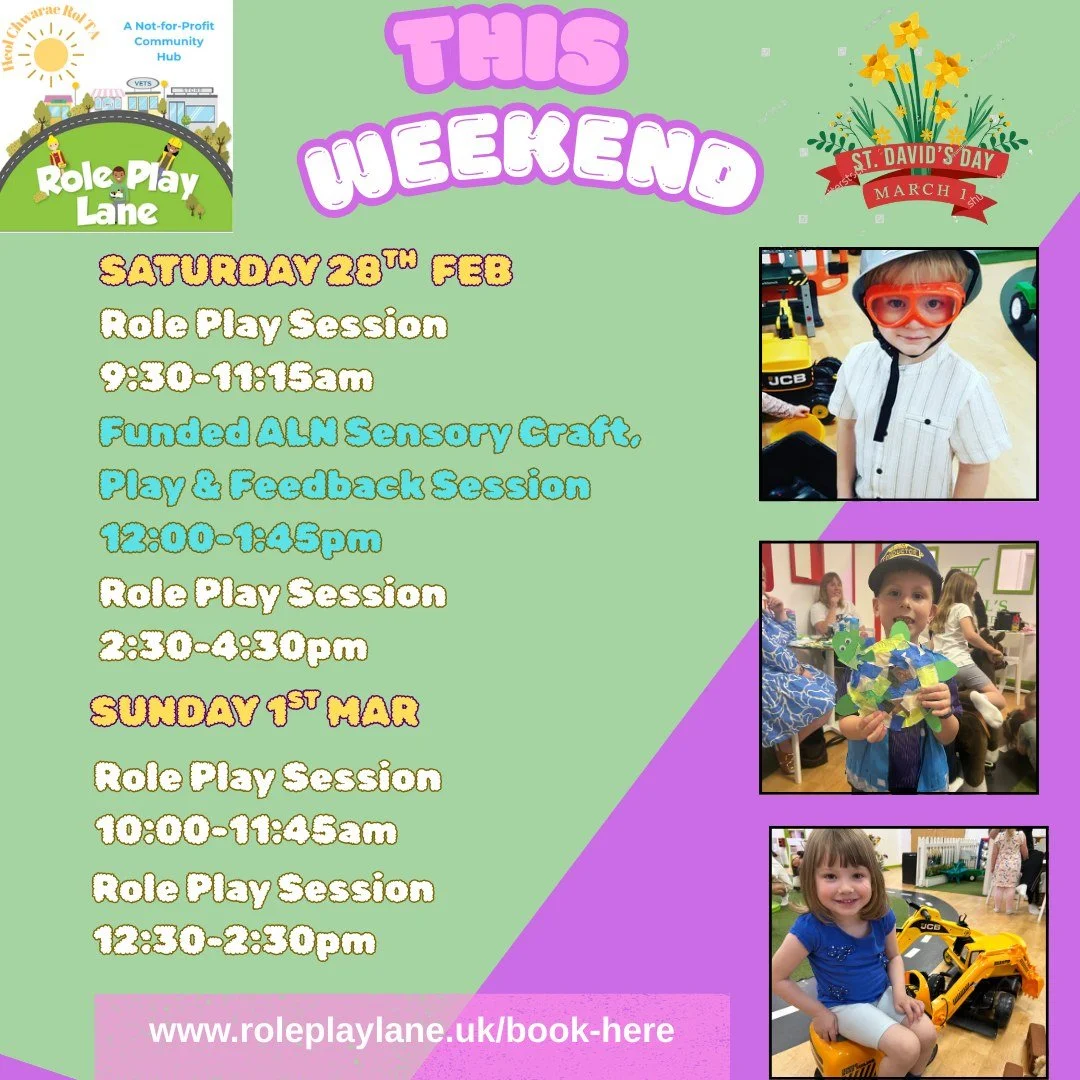 ✨ This Weekend at Role Play Lane! ✨

Join us for a fun-filled weekend of imaginative play, creativity and hands-on learning! 🎨🌷

Saturday 28th Feb
 👨&zwj;🚒Role Play Session | 9:30&ndash;11:15am
✨ Funded ALN Sensory Craft, Play &amp; Feedback Sess