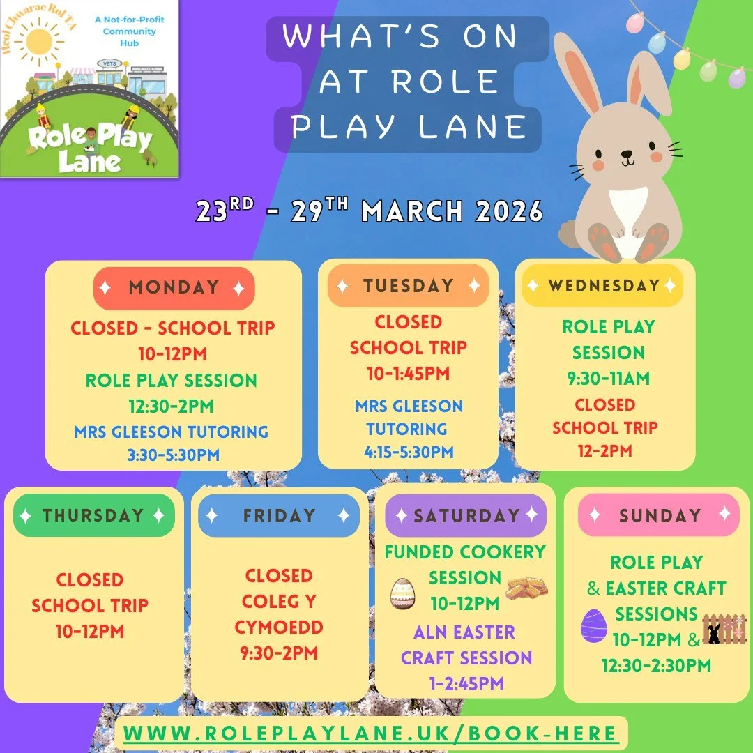 A brand new week of play and creativity is waiting at Role Play Lane 🐣
Join us for a fun-filled week featuring our usual role play sessions alongside some special Easter-themed activities!

✨ Role play sessions &ndash; explore, imagine and enjoy all