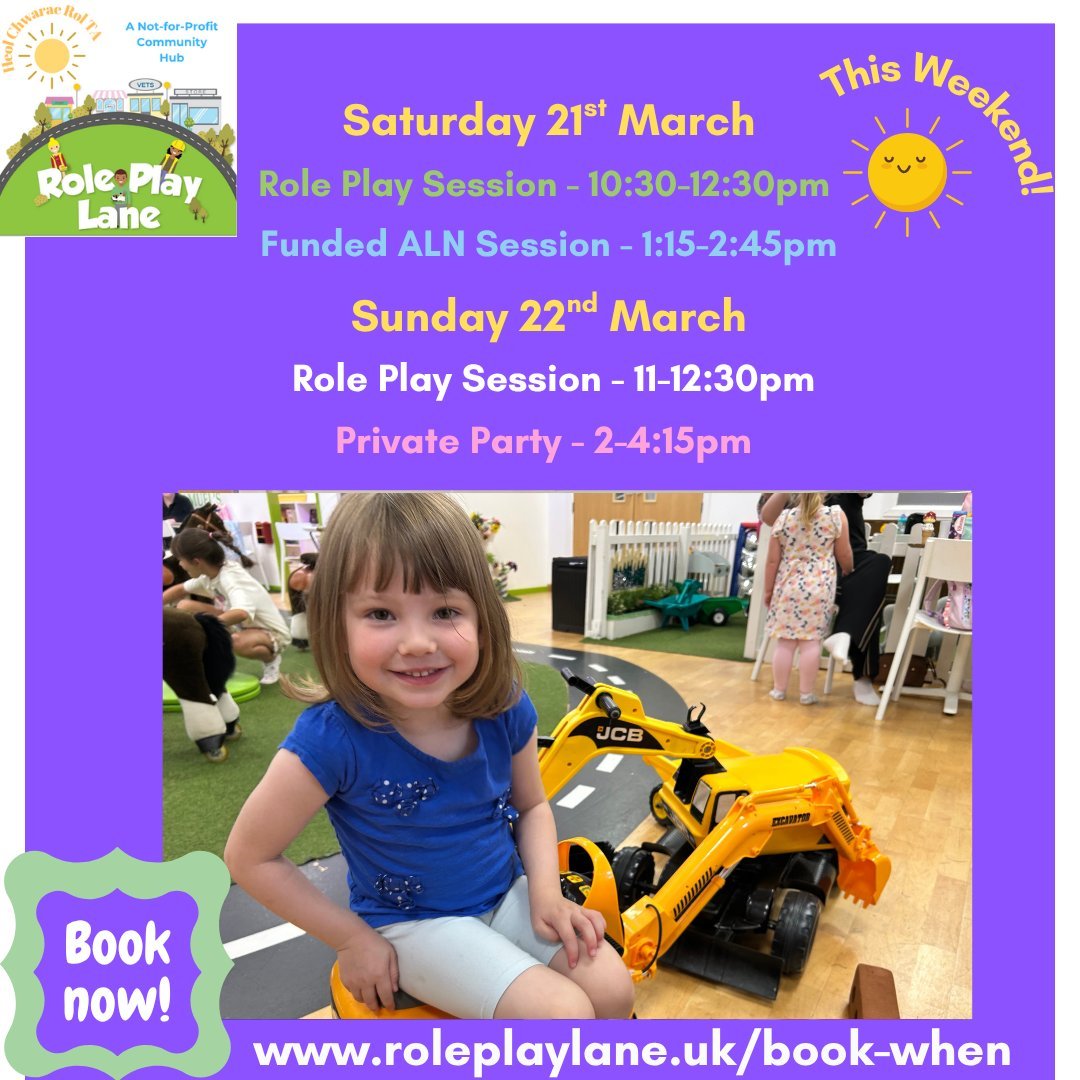 ☀️ WEEKEND FUN AT ROLE PLAY LANE! ☀️

Looking for something lovely to do with the little ones this weekend? We&rsquo;ve got a mix of play, smiles and imagination ready and waiting 

🗓️Saturday 21st March
👷&zwj;♂️ Role Play Session &ndash; 10:30&nda