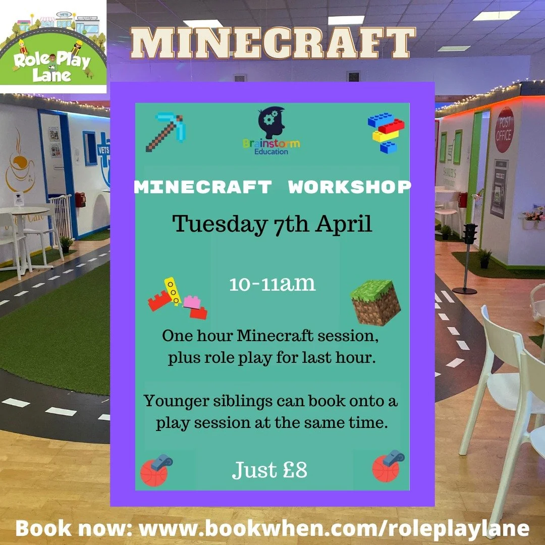 🎮✨ Minecraft Workshop Fun! ✨🎮

Looking for something exciting to keep the kids engaged? We&rsquo;ve got just the thing!

🗓 Tuesday 7th April
⏰ 10am&ndash;12pm

Join us for a creative Minecraft session, followed by role play fun in our amazing play