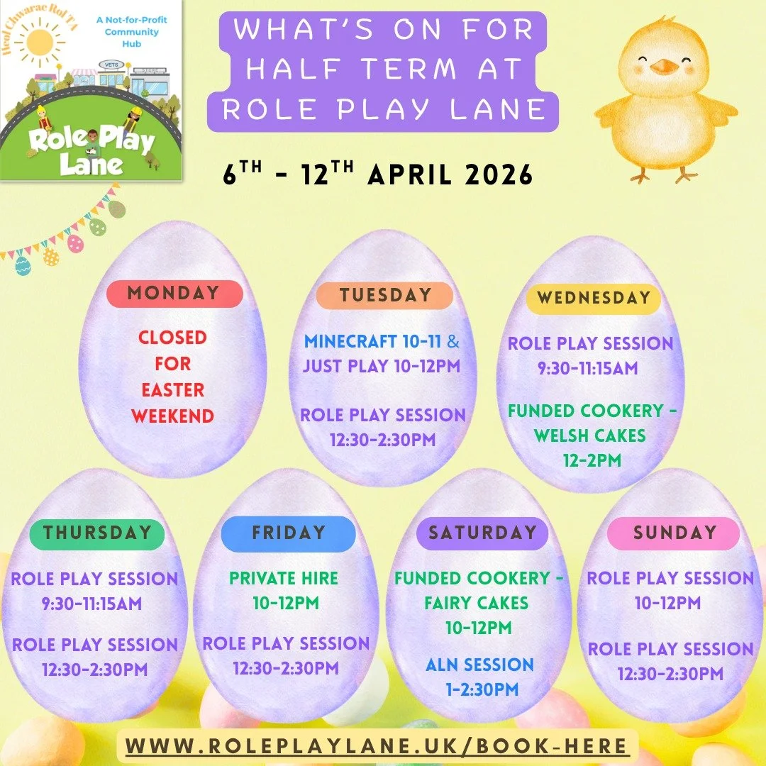 🌸✨ HALF TERM FUN AT ROLE PLAY LANE! ✨🌸

Looking for something fun, relaxed and welcoming this half term? We&rsquo;ve got a week packed with play, creativity and hands-on activities for children of all ages 💛

 📆Tuesday 7th April
🎮 Minecraft Work
