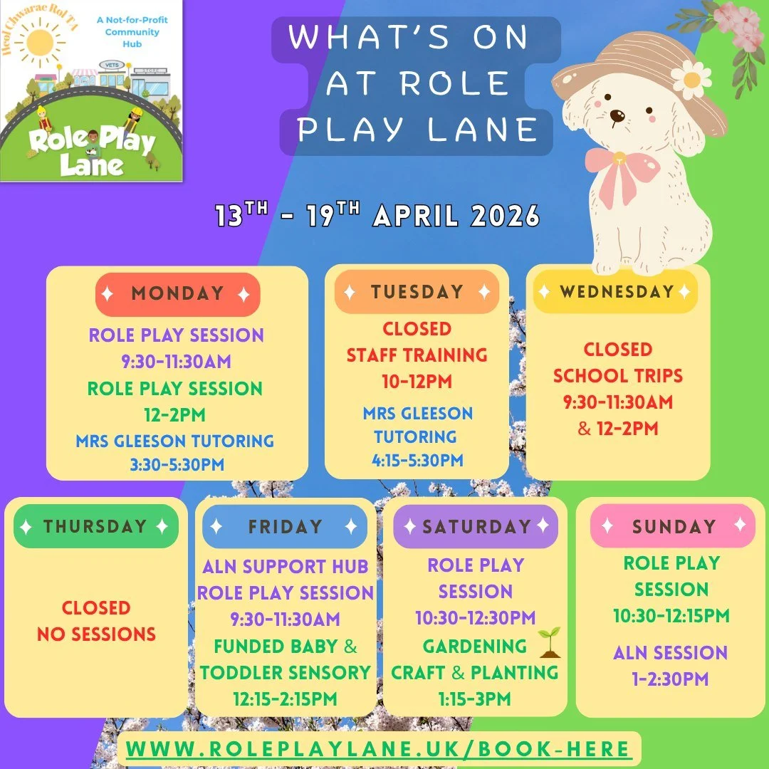 🌟 What&rsquo;s On This Week at Role Play Lane

A lovely mix of play, support, and hands-on activities for families this week 💛

👷&zwj;♂️ Role Play Sessions - A chance for little ones to explore, imagine and play in our village setting

🌟ALN Sessi