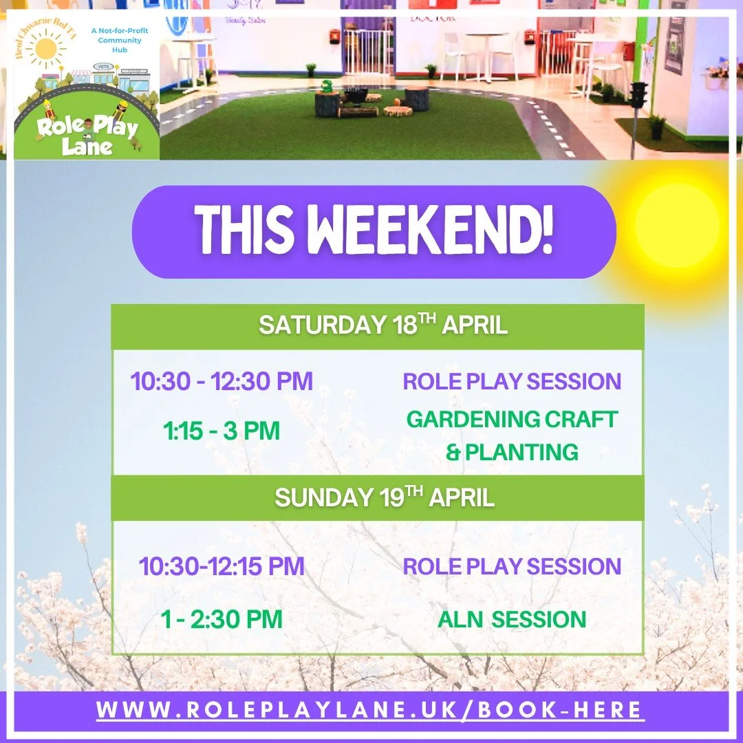 ☀️ THIS WEEKEND AT ROLE PLAY LANE! ☀️

We&rsquo;ve got a lovely mix of play, creativity and calm sessions for families this weekend 💛

📅 Saturday 18th April
🕥 10:30&ndash;12:30pm &ndash; Role Play Session
🌱 1:15&ndash;3pm &ndash; Gardening Craft 