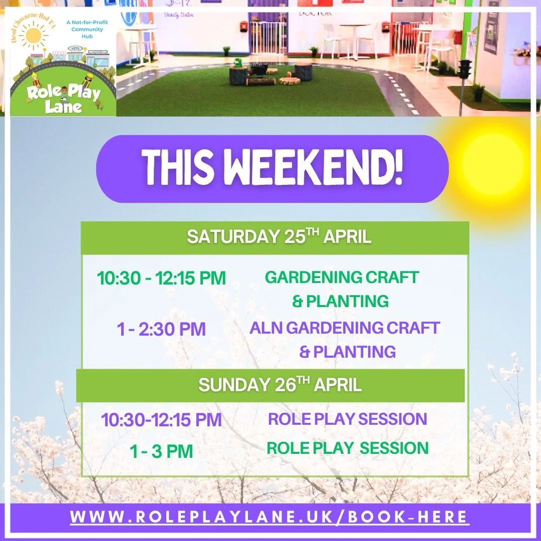 🌞 THIS WEEKEND AT ROLE PLAY LANE! 🌞
Come rain or shine have a wonderful time this weekend at Role Play Lane!
Spend quality time with  your little ones exploring our fabulous Role Play Village or  get crafty in our gardening sessions!

📅 Saturday 2