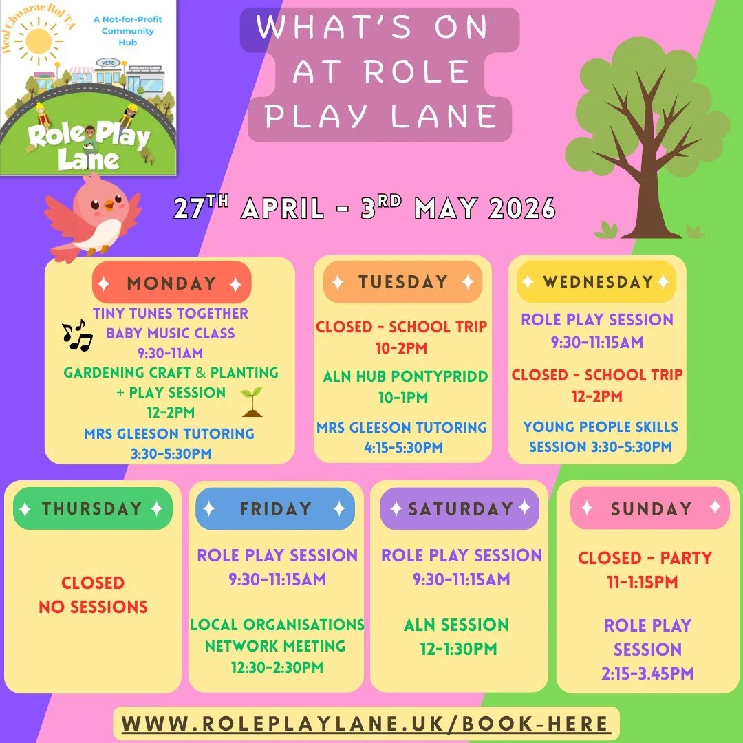 🌱 Spring is in full swing at Role Play Lane&hellip; and so is another lovely week of play, creativity and connection 💛

✨ From baby music and early sensory experiences&hellip;
🌱 To hands-on gardening and planting&hellip;
💛 To inclusive ALN sessio