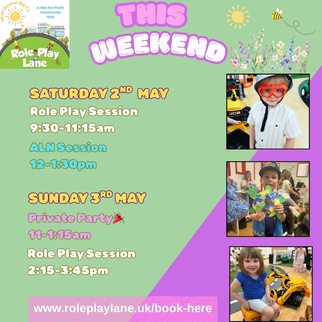 🌻This Weekend at Role Play Lane🌻

A weekend full of imagination, play and a little bit of calm in between 🥰

🗓️ Saturday 2nd May
👩&zwj;🍳 Role Play Session - 9:30&ndash;11:15am
🌟 ALN Session - 12&ndash;1:30pm

🗓️ Sunday 3rd May
🎉 Private Part