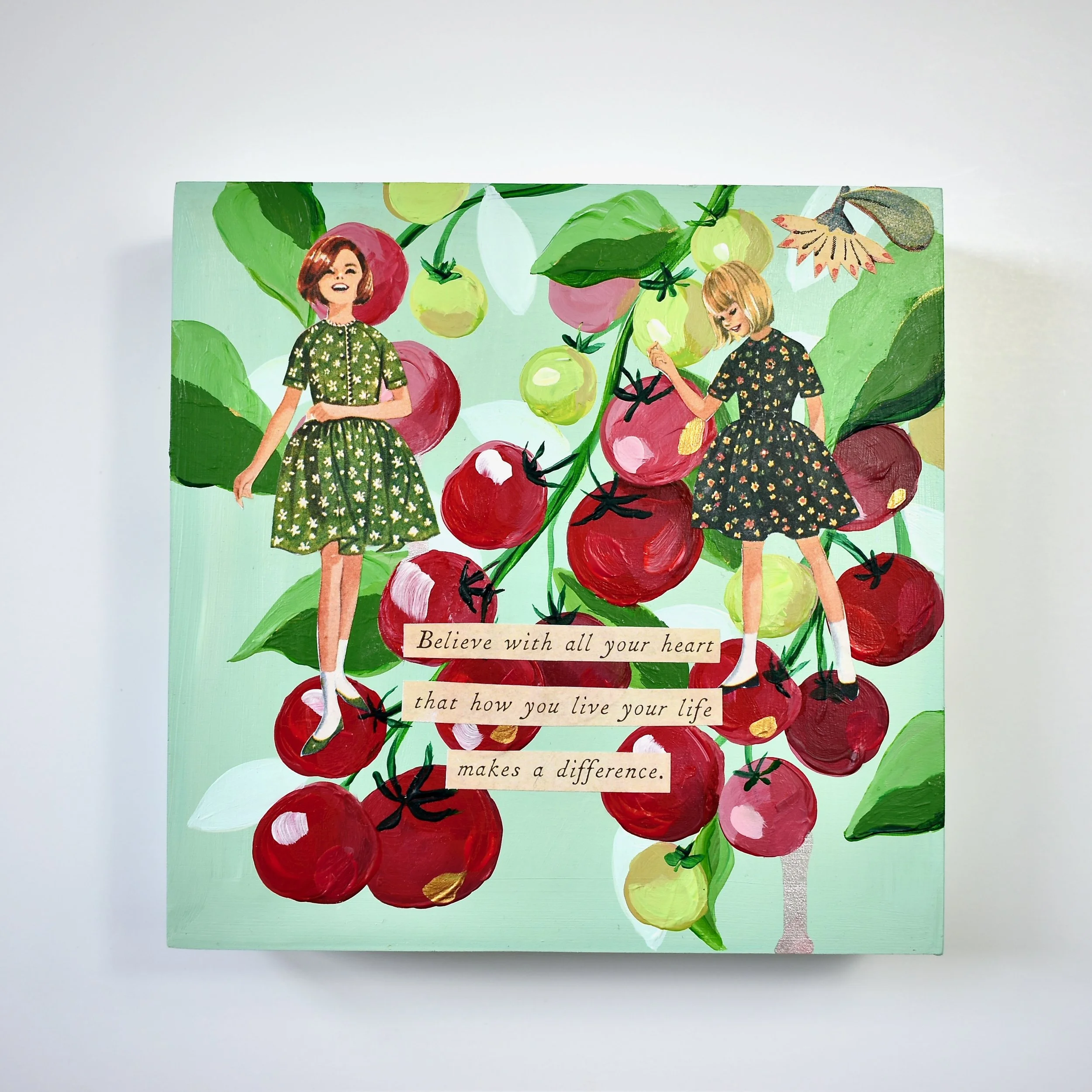 Tomatoes Soul Sisters Art:  Original Painting on Wood, Vintage Collage Friendship Gift 6" x 6"