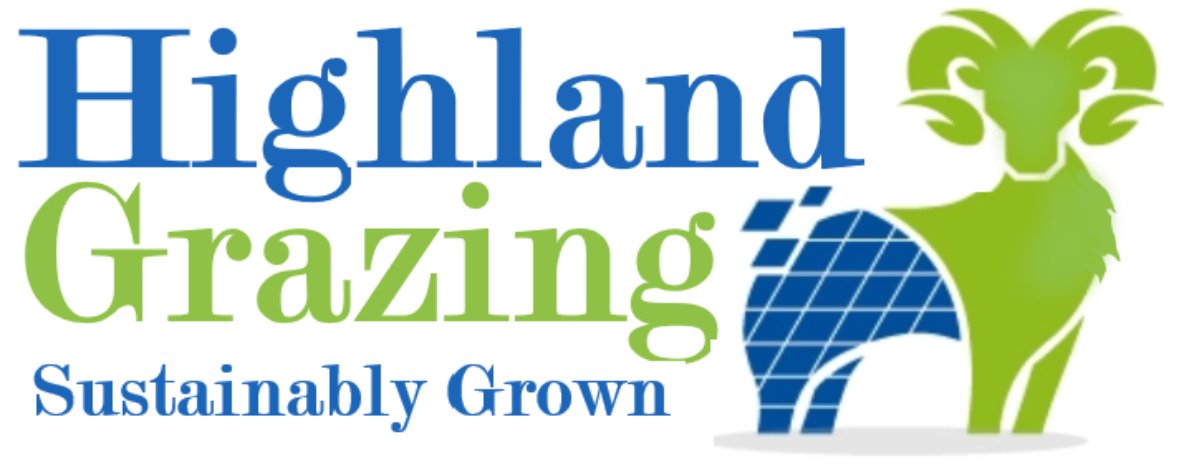 Logo of Highland Grazing with a stylized sheep composed of green and blue elements and the phrase 'Sustainably Grown' underneath.