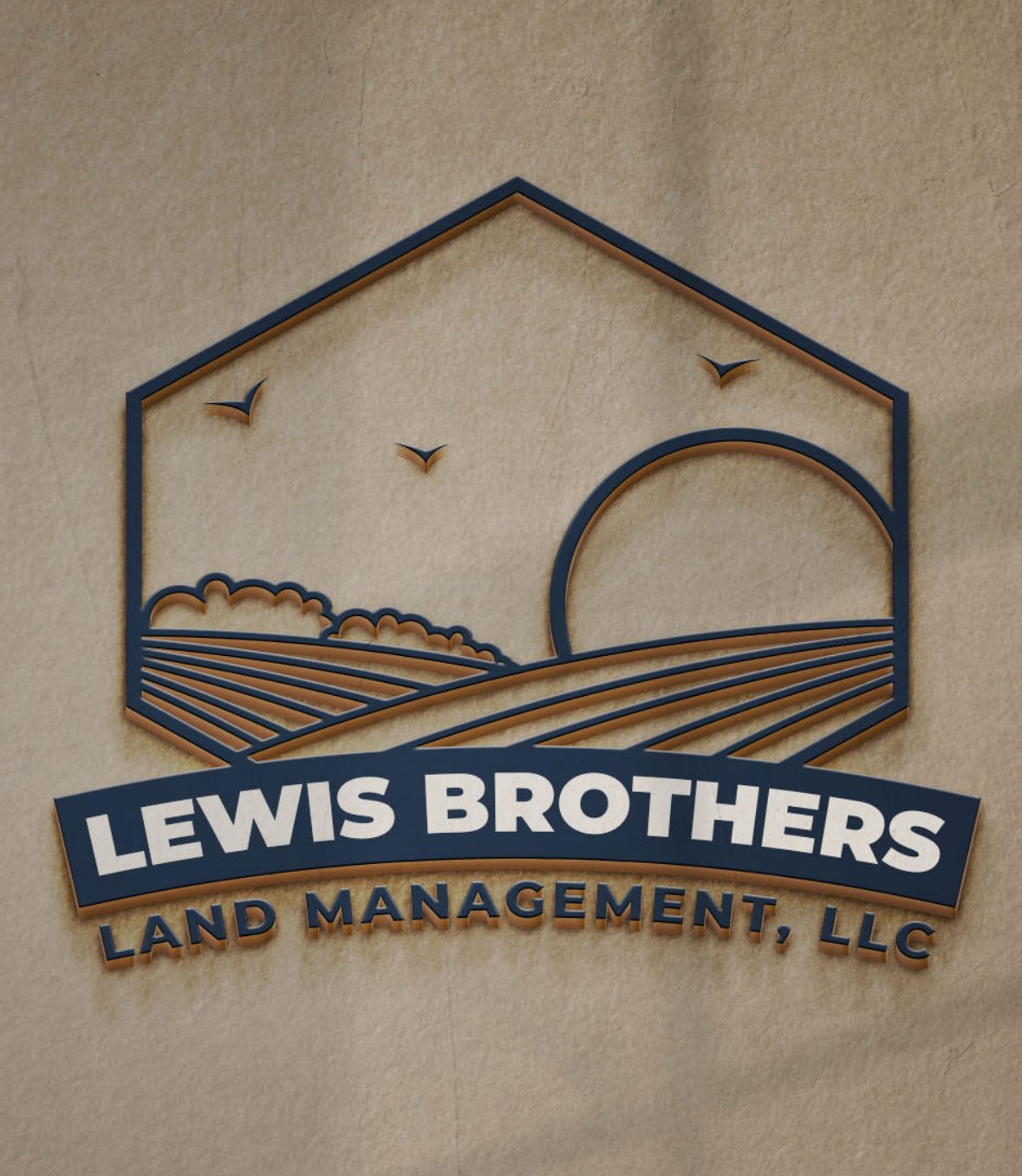 Logo of Lewis Brothers Land Management, LLC with a landscape design featuring fields, a sun, and birds.