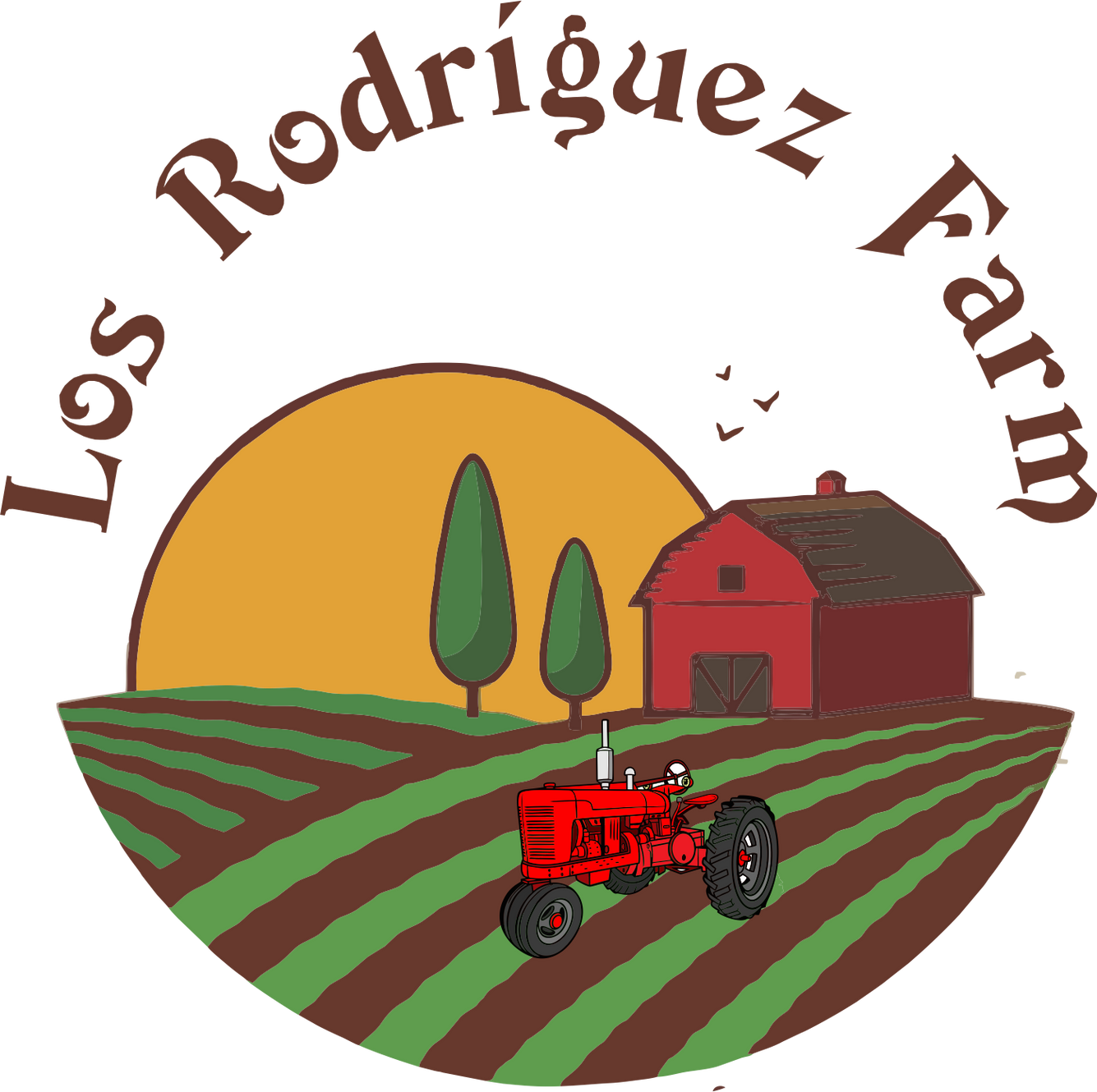 Los Rodriguez Farm Logo depicting tractor on field and a red barn