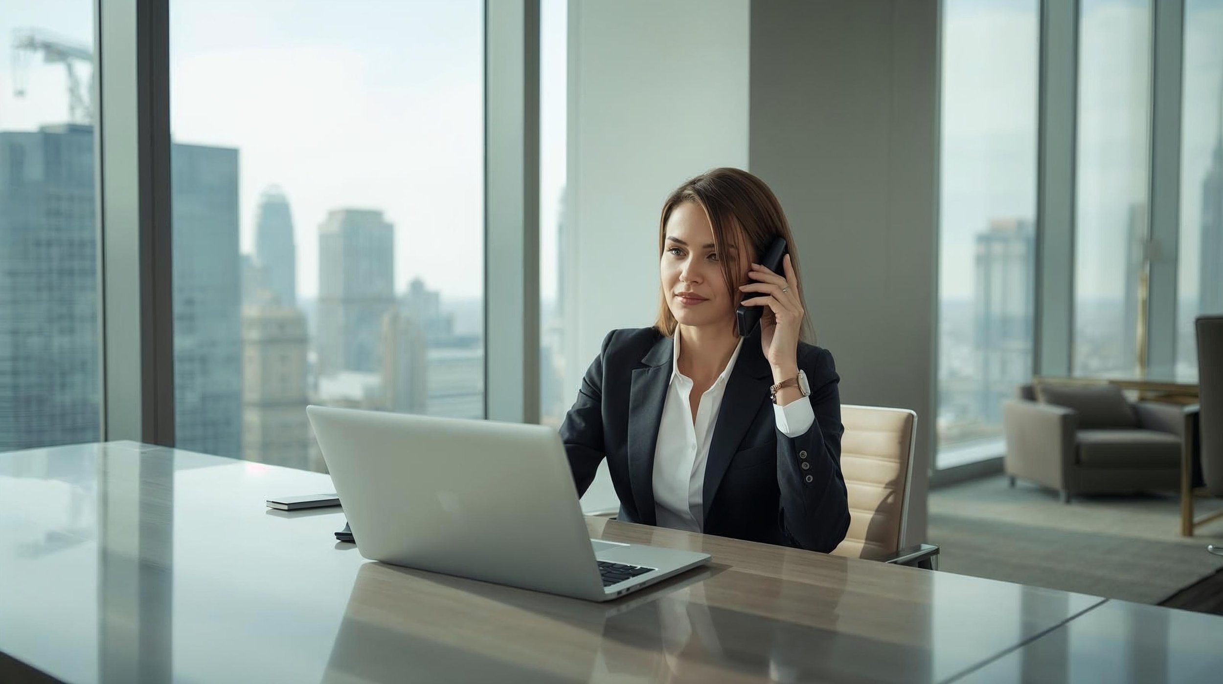 Professional businesswoman in a modern office setting, seated confidently at a desk
