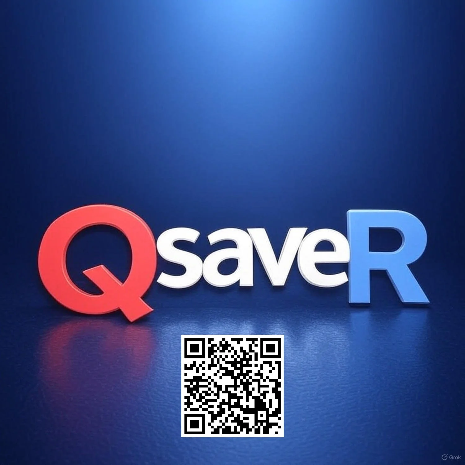 The image displays the word 'QsaveR' with the letters 'Q' in red, 'save' in white, and 'R' in blue, set against a blue background. There is also a QR code positioned below the text.