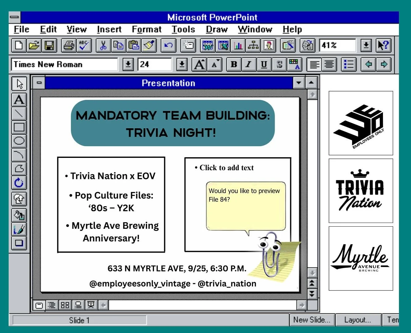We trusted the intern to finish this slide. Big mistake. 

Join us for trivia on Thursday 9/25 at 6:30 p.m. Bring your coworkers, but only the ones you like. 

We can&rsquo;t trust the intern anymore so we hired a professional: @trivia_nation! 👨🏻&z