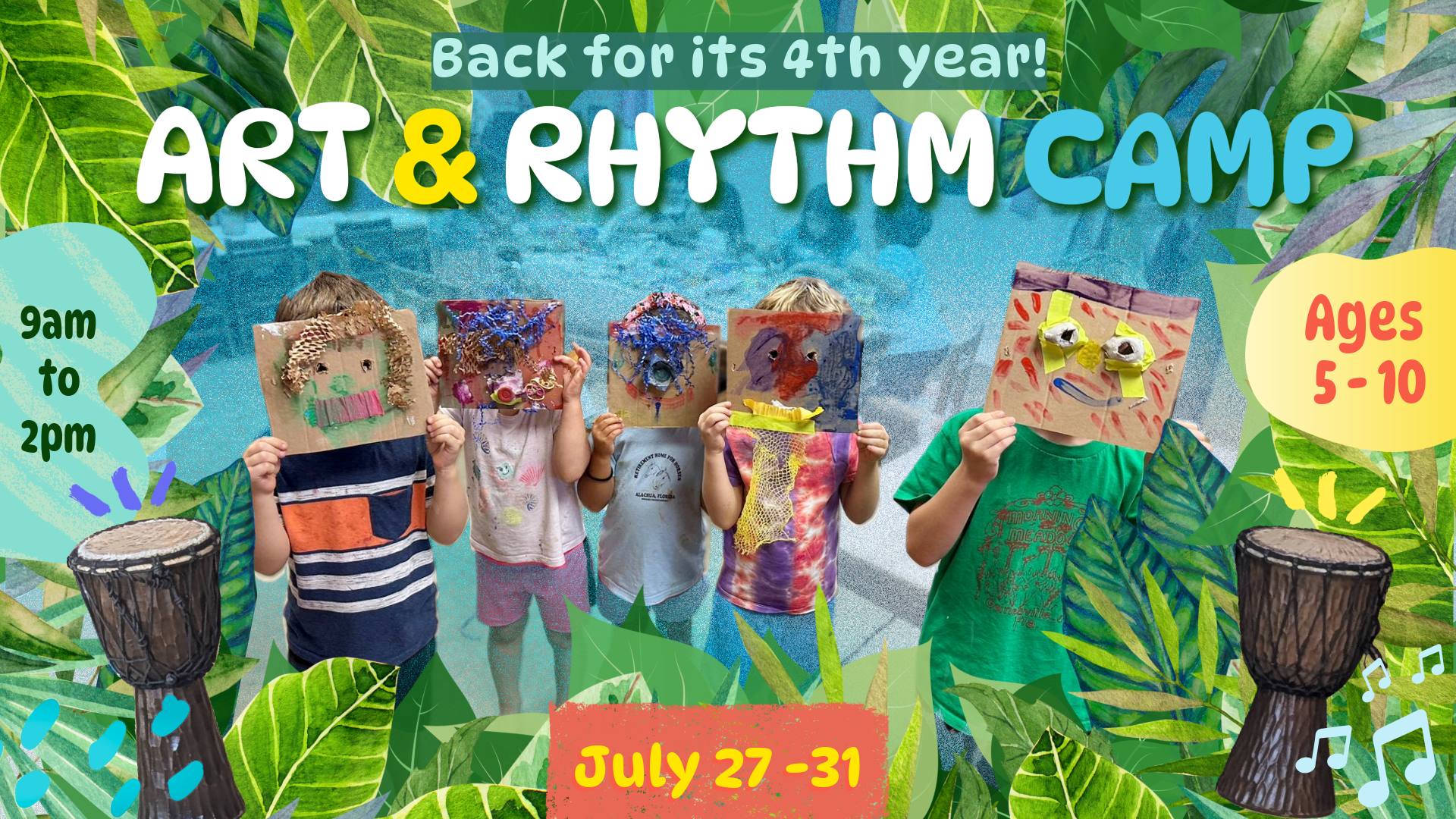 Art and Rhythm Camp banner - July 27 to 31, 2026. From 9 to 2