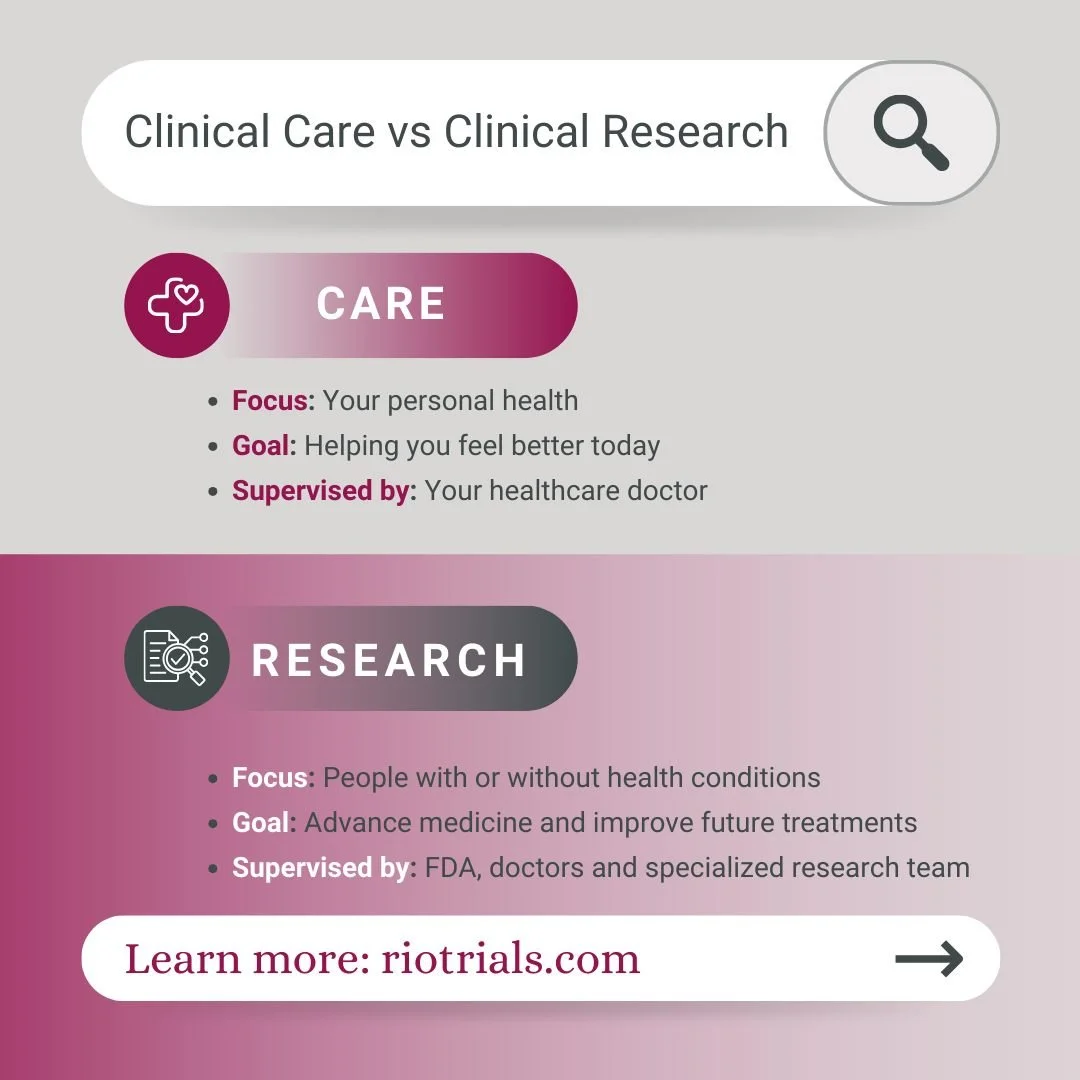 Clinical care focuses on your health today, while clinical research works to improve treatments for tomorrow. Together, they shape a healthier future for everyone.

La atenci&oacute;n cl&iacute;nica se enfoca en tu salud de hoy, mientras que la inves