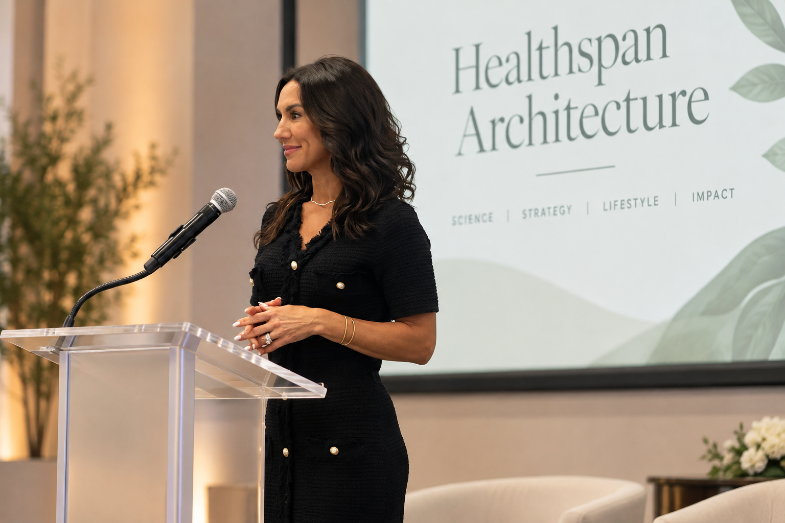 Sara Starkoff Green speaking at a clear podium during a Healthspan Architecture lecture