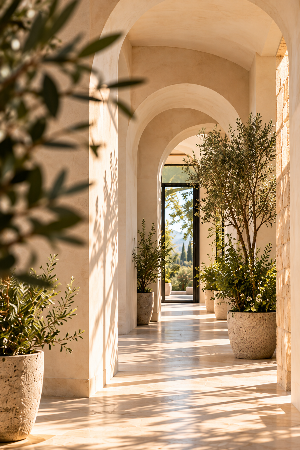 Sunlit Mediterranean-style hallway with arched doorways, marble floors, and potted olive trees