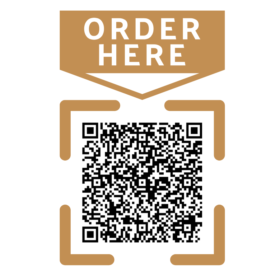 Sign with brown background saying 'Order Here' and a QR code below for ordering.