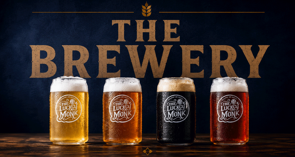 Four glasses of beer with foam on top, placed in a row on a wooden surface in front of a dark wall. Each glass has a label that reads "The Lucky Monk". The background has the words "The Brewery" written in large letters.