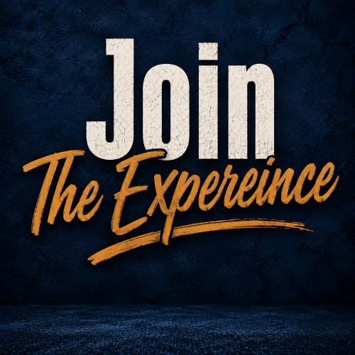 Text on a dark textured background that reads "Join The Experience" with "Join" in large white font and "The Experience" in cursive brown font.