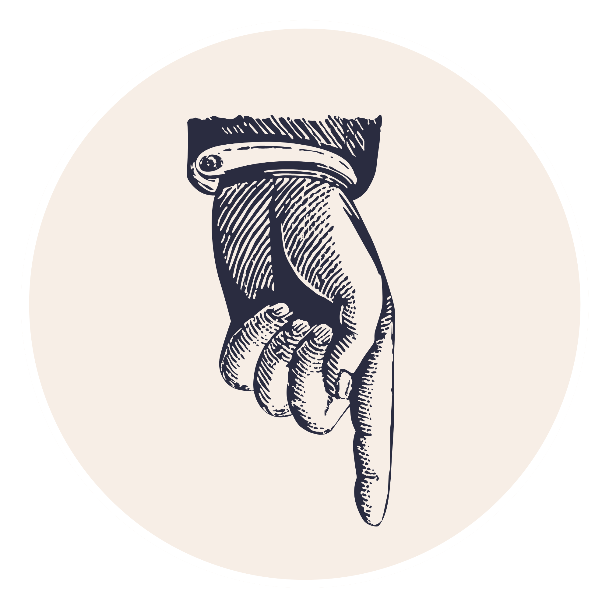 Illustration of a hand holding a fish, with a detailed line drawing style in navy blue on a beige background.