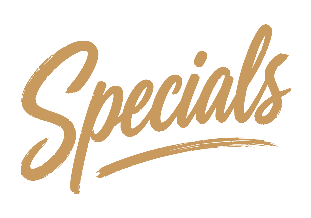 Text reading 'Specials' in tan, cursive script with a brush stroke underline.