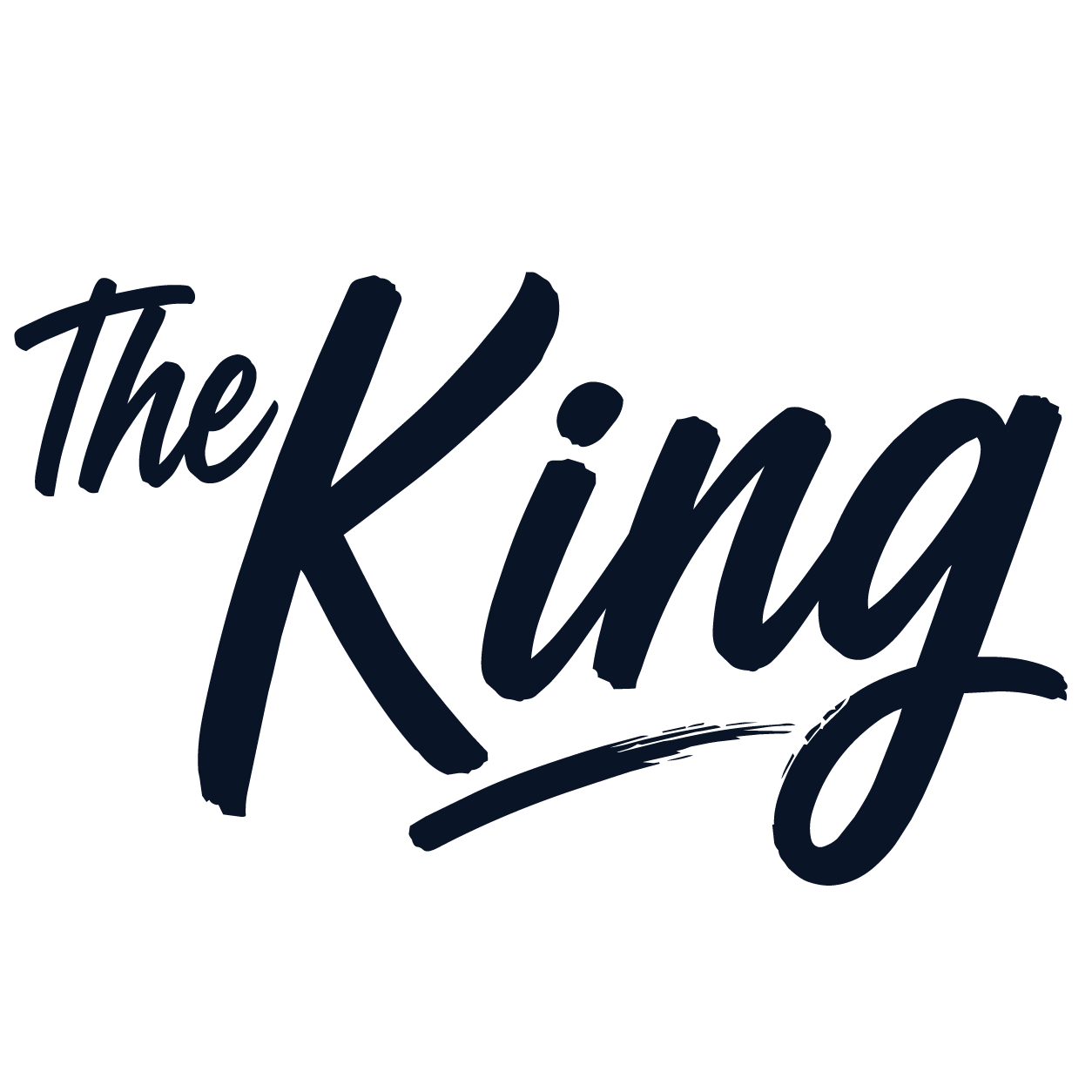 Logo of The King with stylized dark blue cursive text on a transparent background.