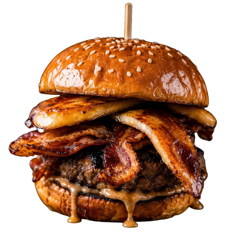 Juicy bacon cheeseburger with sesame seed bun, grilled chicken breast, bacon strips, melted cheese, and condiments.