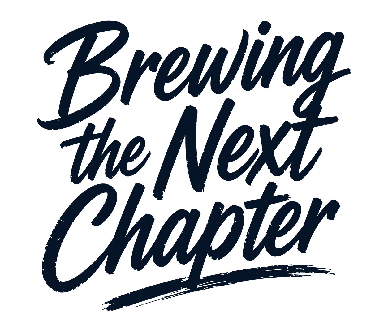 Text saying 'Brewing the Next Chapter' in stylized dark blue script.