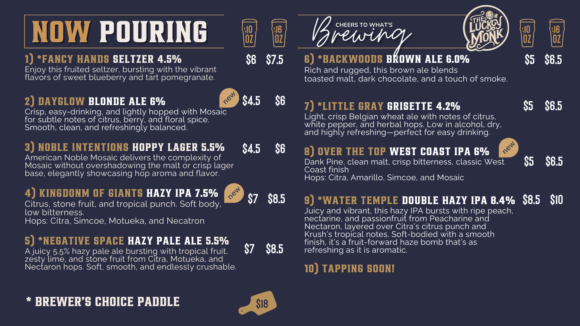 A beer menu titled 'Now Pouring' from The Lucky Monk features ten craft beers with descriptions, prices, and alcohol content. Some beers are marked as new, with a dark background and gold and white text.