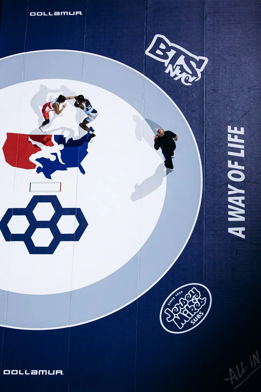 Aerial view of a wrestling match at the 2025 Final X tournament