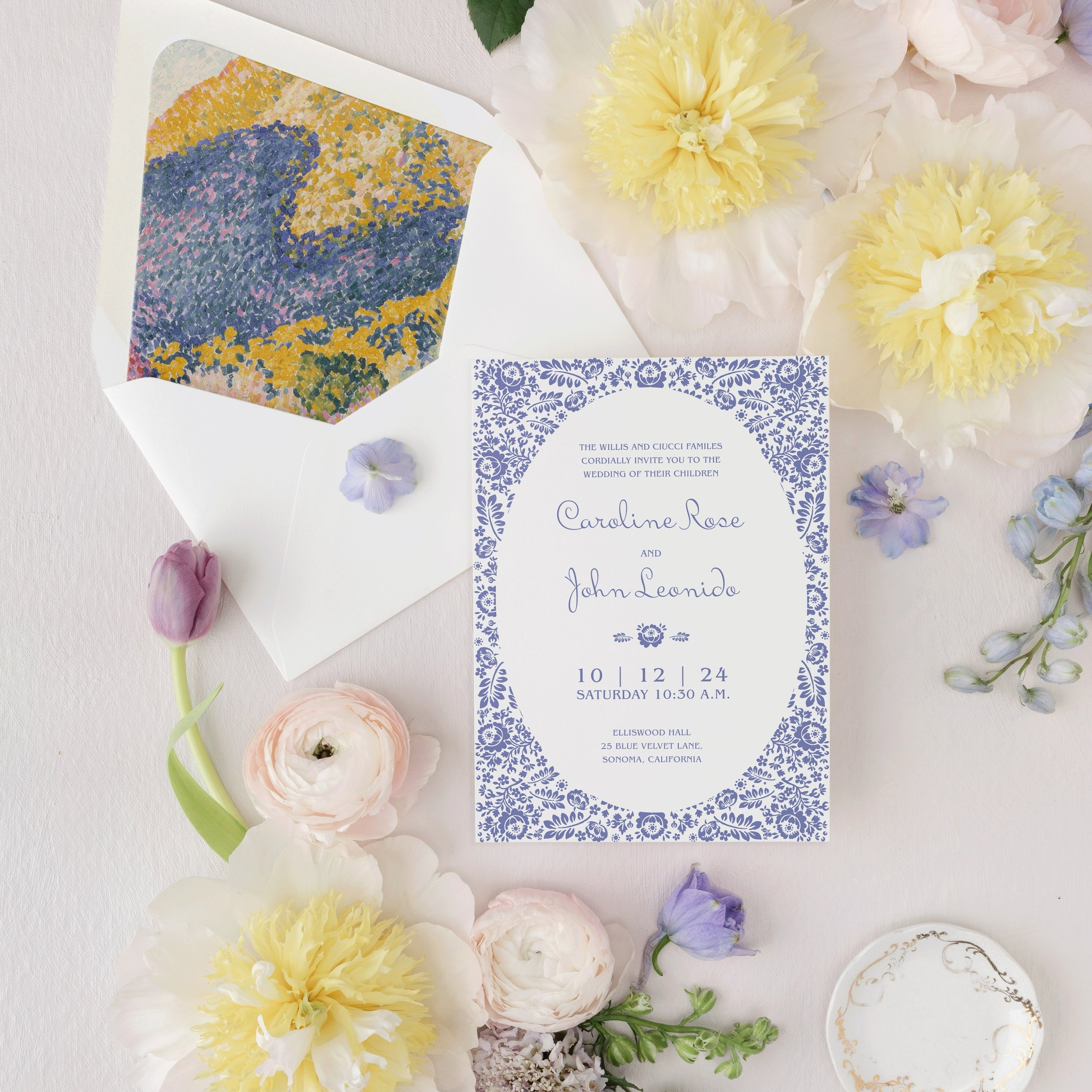 Designed this invitation using some vintage wallpaper as inspiration! The pattern looks lovely in all colors but I especially love it here in periwinkle. 

#weddingstationerydesign #sonoma #invitations #design #flatlay #monet #fairytalewedding #charl