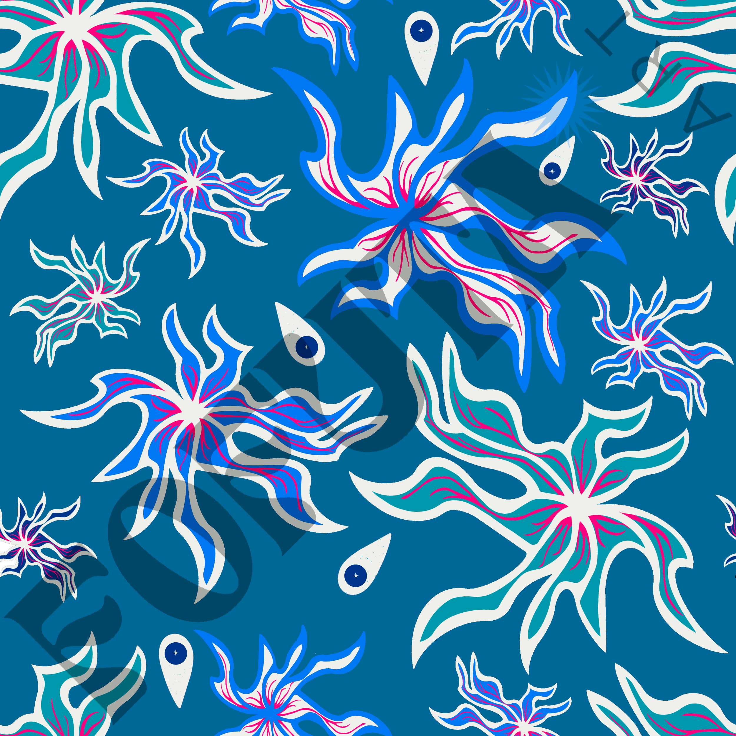 A digital illustration featuring white, pink, and blue flowers and leaves on a dark teal background, with some elements casting shadows.