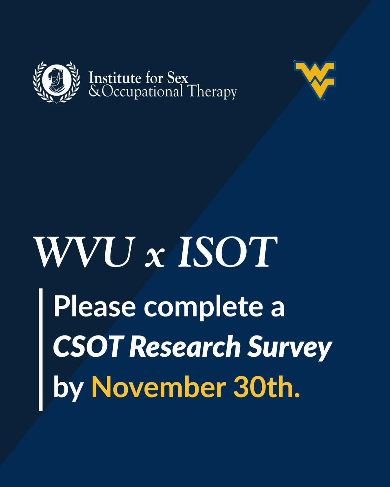 📣 Calling all CSOTs! Dr. Jacob Greenfield needs you!

Our very own CSOT, Dr. Jacob Greenfield (WVU OT Program) is leading a OT research study and we need YOUR voice in the data. Please take a few minutes to fill out the CSOT Research Survey.

We hav
