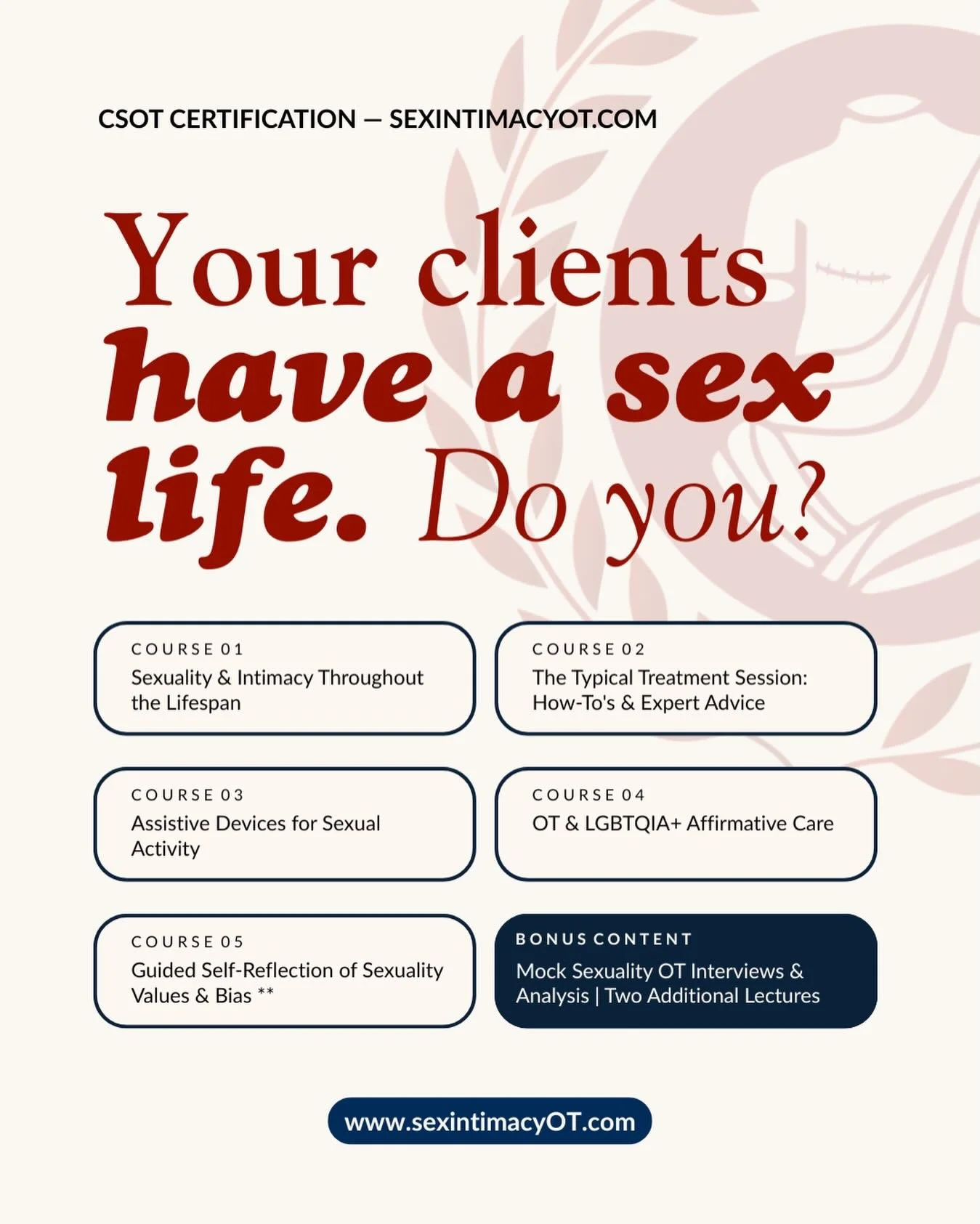 Your clients have a sex life. Do you have the skills to address it? 🔥

The CSOT Certification gives you a full framework for addressing sexuality and intimacy across every population, every setting, every stage of life as an OT Practitioner.

Here&r
