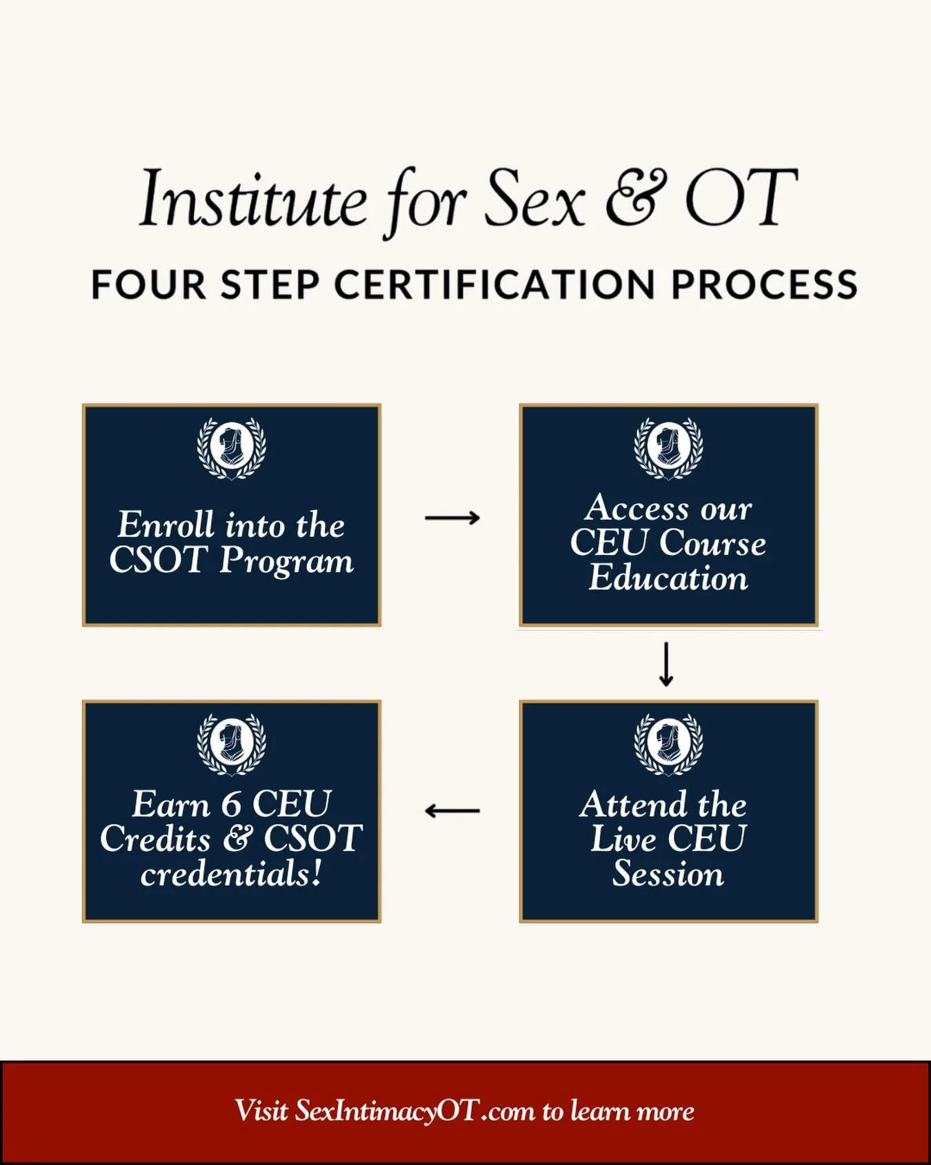 Become a CSOT in 4 easy steps!

Step 1: Enroll (duh!) 
Step 2: Complete the self-paced course modules
Step 3: Attend our live Guided Self-Reflection of Sexuality Values, Beliefs, Attitudes, &amp; Bias session
Step 4: Complete the CSOT, earn 6 CEUs (.