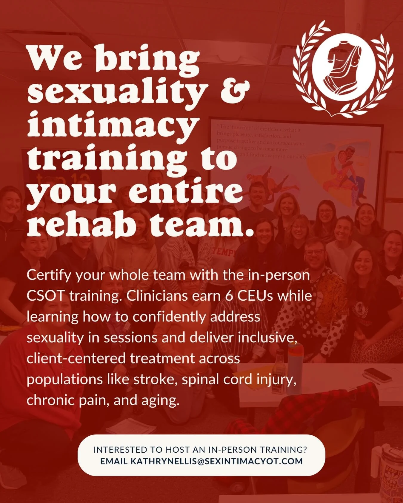 If you lead a rehab team, this is your next CEU event.

We bring in-person sexuality and intimacy training directly to your clinic so your team can confidently address sexuality like it&rsquo;s the ADL we all know it is! 

Curriculum includes mock tr