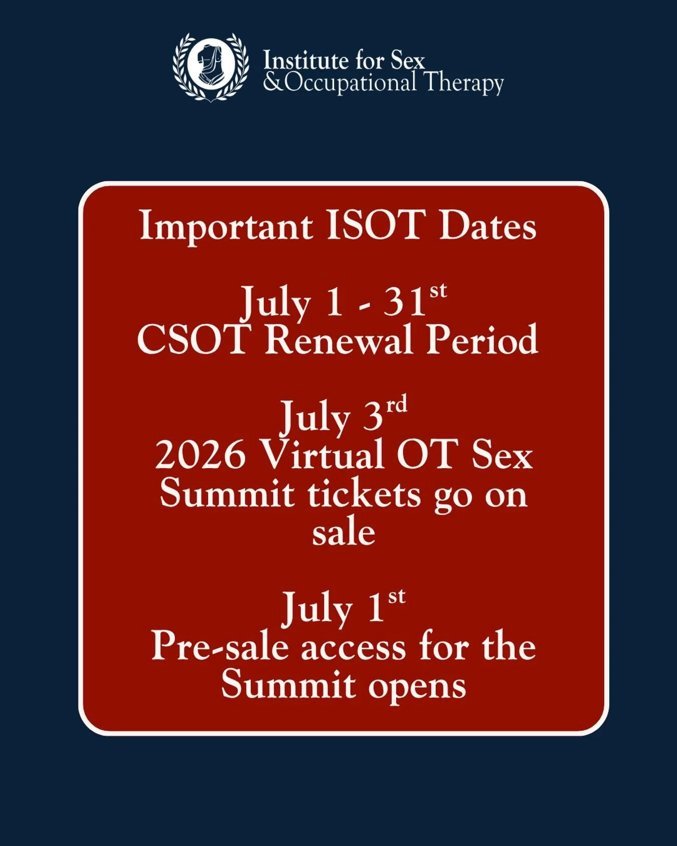 🧠&nbsp;Renewing your CSOT? 

Check your email or head to the website to renew now and reserve your seat at the 2026 Virtual OT Sex Summit (tix included in CSOT Renewal fee. That&rsquo;s a $199 value for $169)

⏰&nbsp;2026 Virtual OT Sex Summit Pre-S