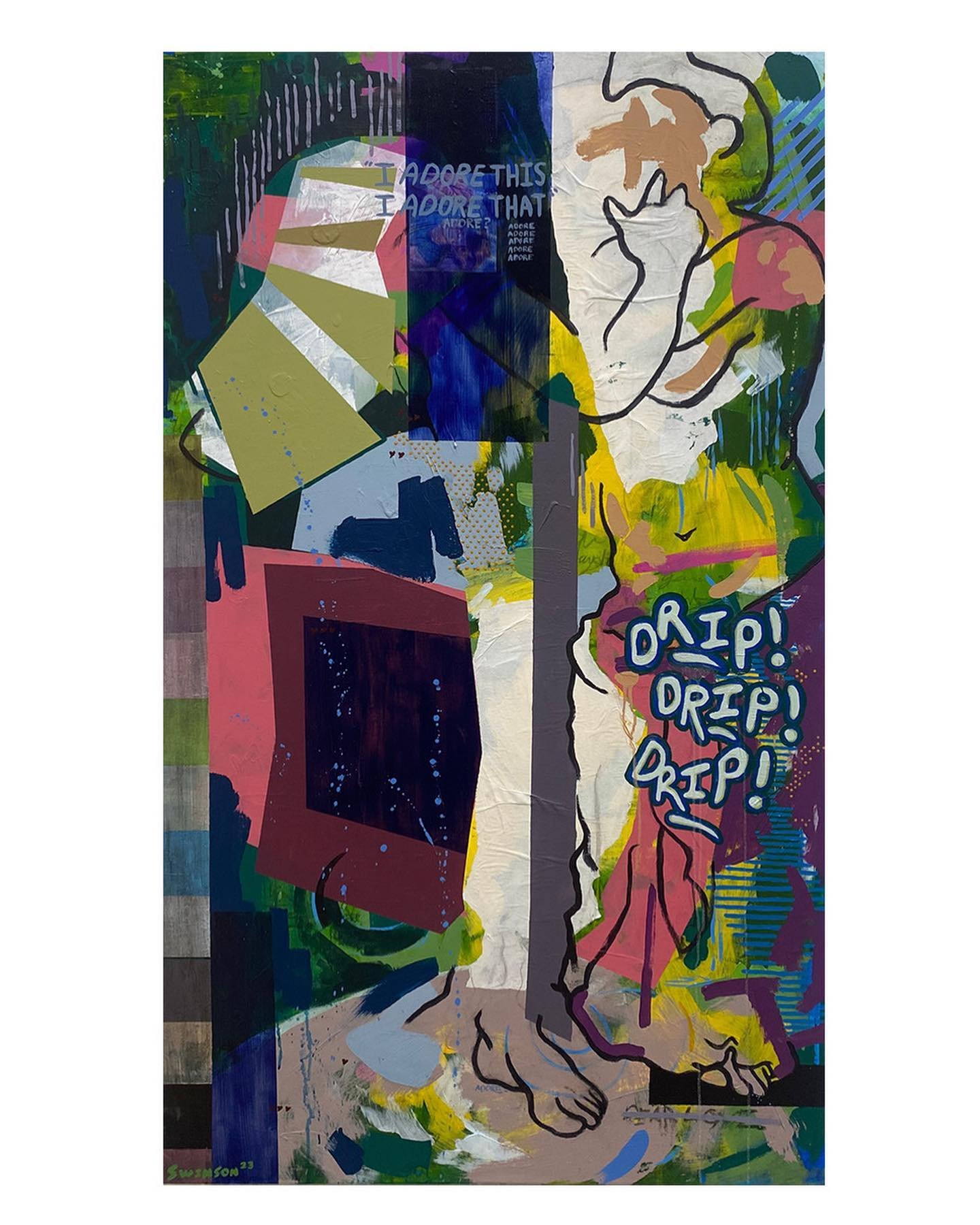 &quot;down the wishing well.&quot;, 3' x 5', acrylic, charcoal, and paper on canvas. 

I came up with this idea one of the first days I came back from Italy. I saw this sculpture of Cupid and Psyche in the Vatican and it made me feel a way. The paint
