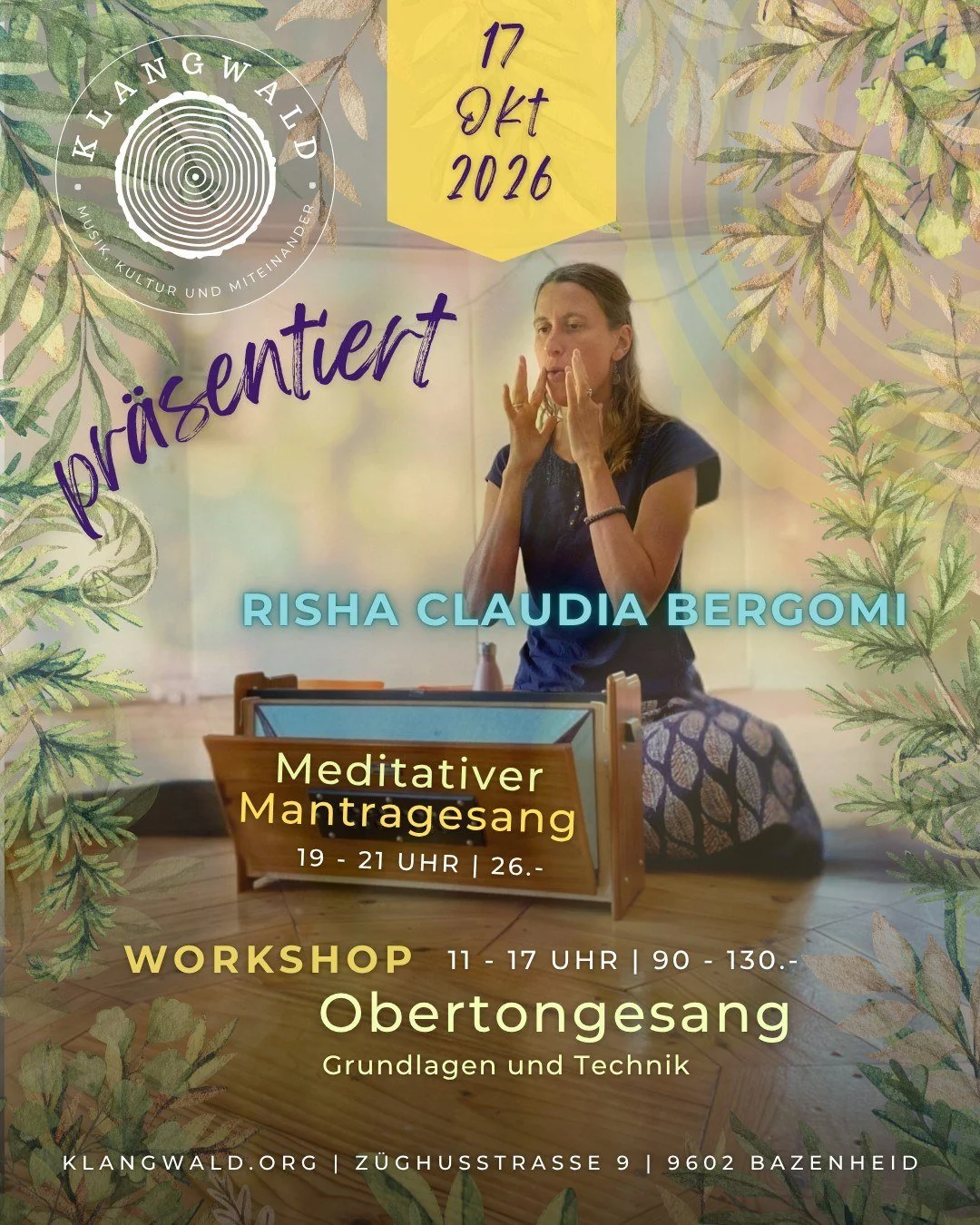 Das Bild zeigt die Künstlerin Risha Claudia Bergomi und den Hinweis auf eine Veranstaltung für einen Obertongesang Workshop und Mantra Singen