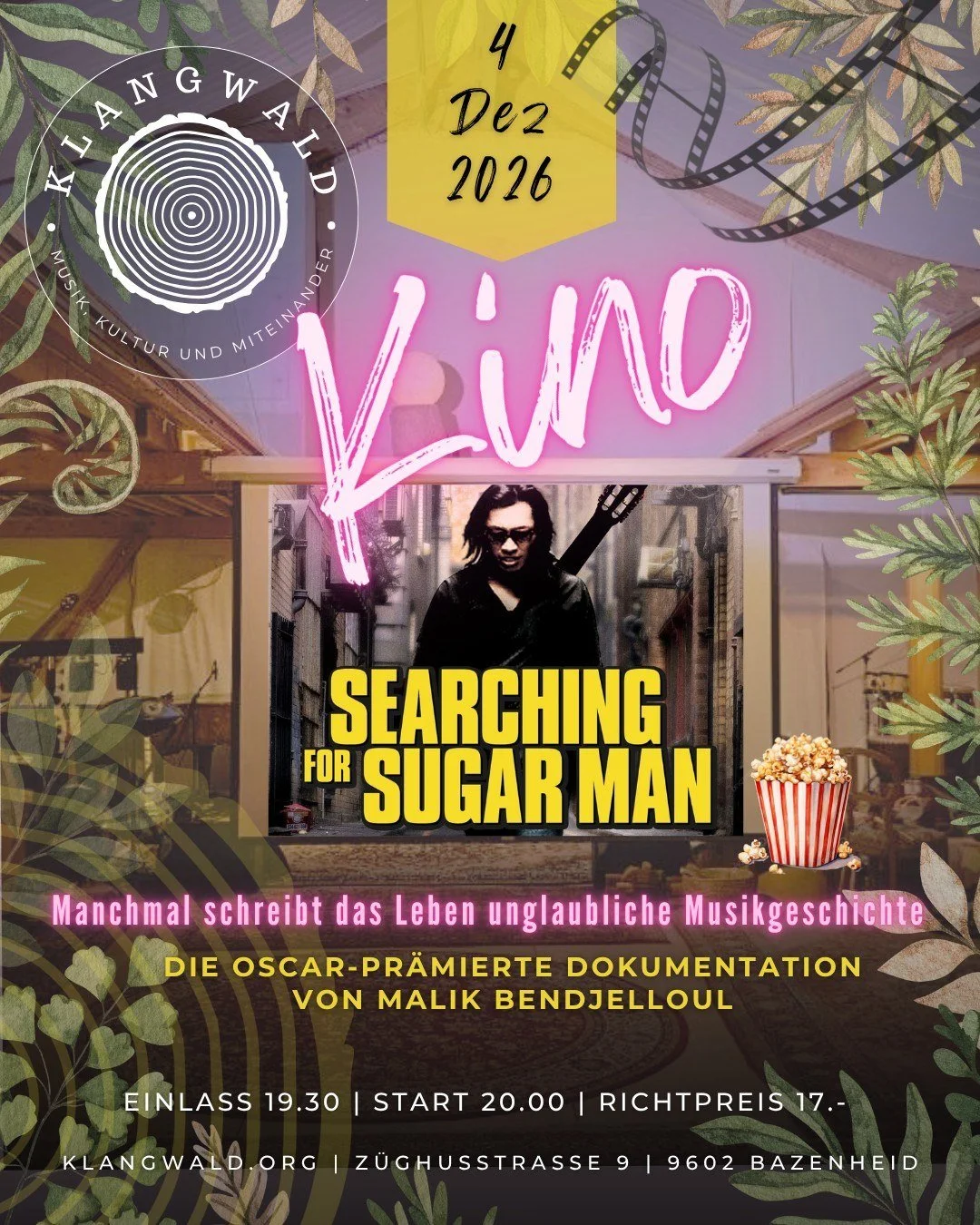 Das Bild zeigt einen Veranstaltungshinweis für einen Kinoabend im Klangwald in Bazenheid am 4. Dezember 2026