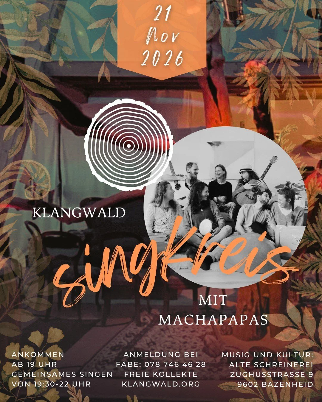 Veranstaltungsplakat für ein Musik- und Kultur-Event am 21. November 2026 in Bazenheid. Das Plakat zeigt die Band Machapapas und den Hinweis auf einen Singkreis