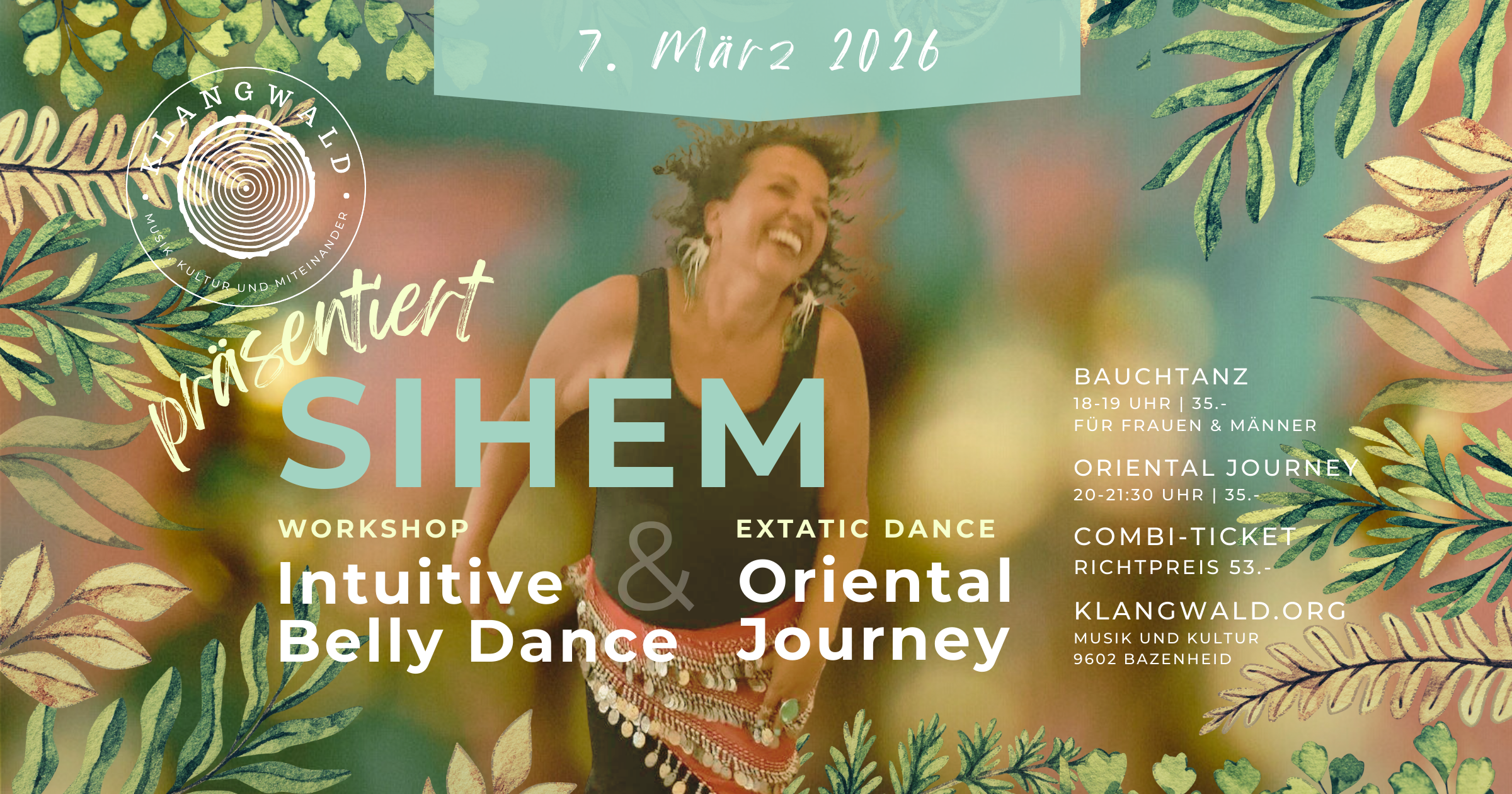 Ein lachender Mensch beim Tanzen, umgeben von grünen Blättern, auf einem Poster für einen Tanz-Workshop mit Informationen zu Datum, Uhrzeit, Eintritt, Tickets und Veranstaltungsort.