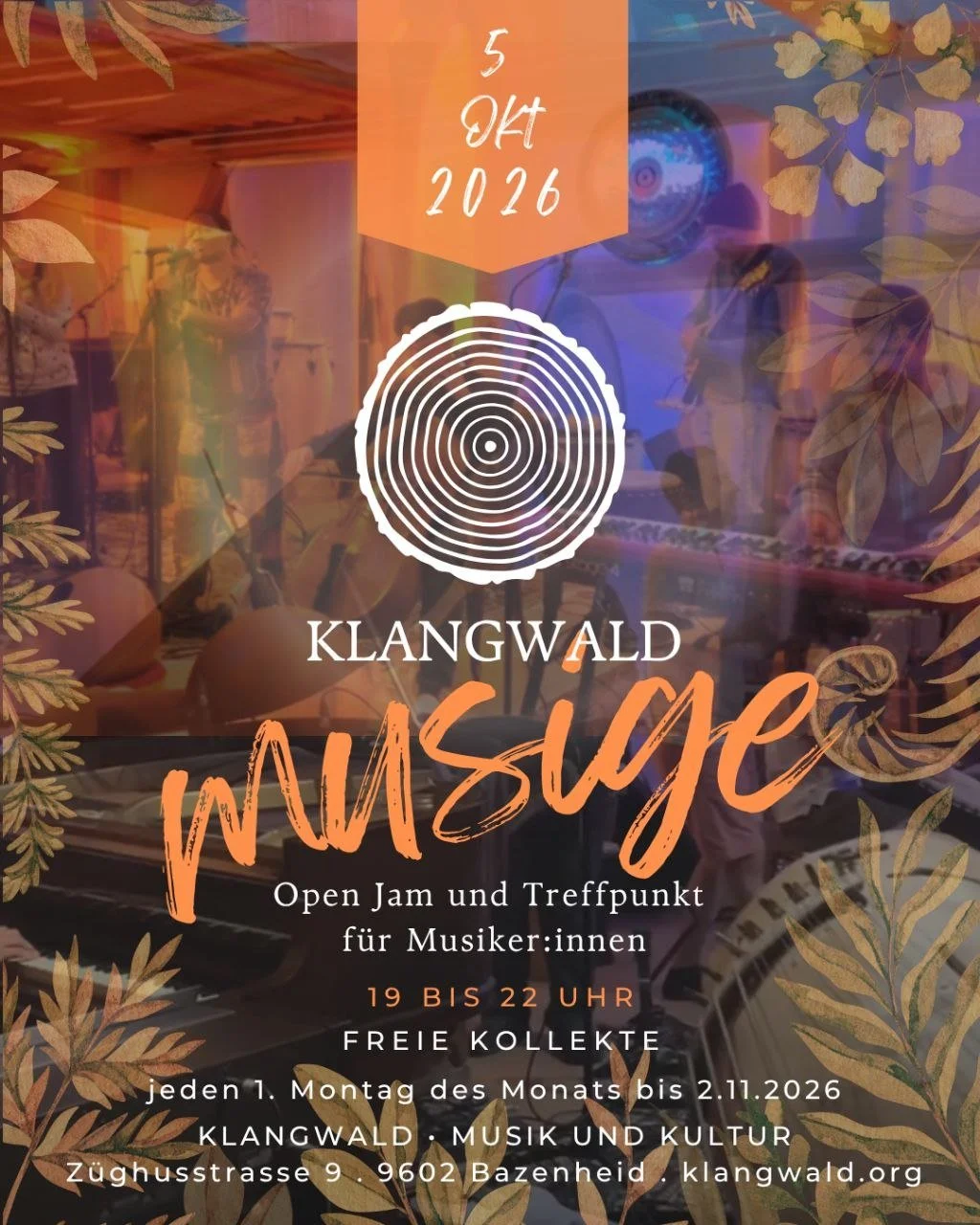 Informationen für ein Musik Event am 5. Oktober 2026  im Klangwald - Das Bild zeigt Musiker und Instrumente in einem Holzschnitt Design 
