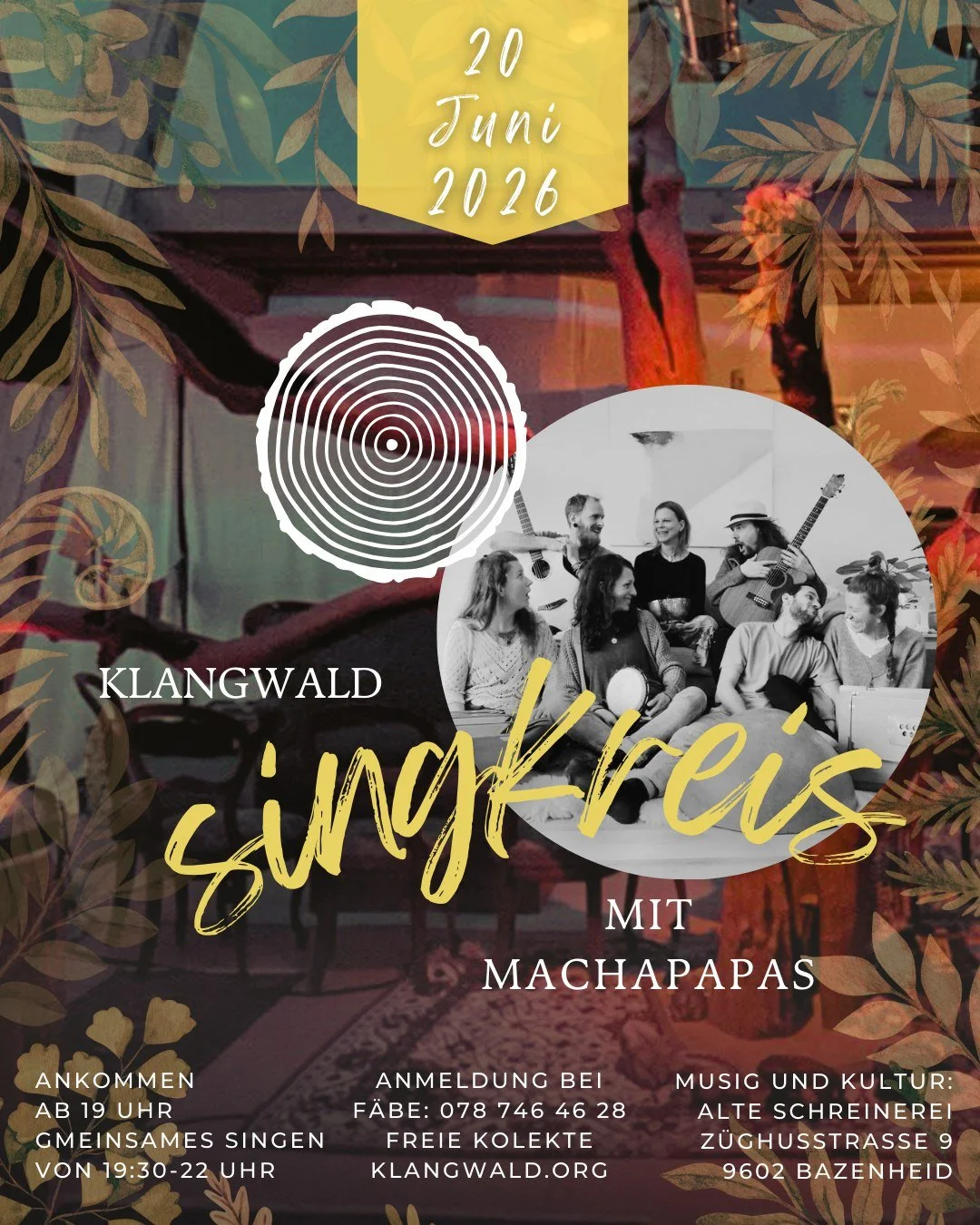 Veranstaltungsplakat für ein Musik- und Kultur-Event am 20. Juni 2026 in Bazenheid. Das Plakat zeigt die Band Machapapas und den Hinweis auf einen Singkreis